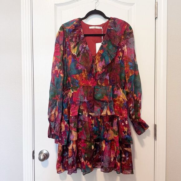 Marie Oliver Lotus Silk Linen Blend Tiered Ruffle Mini Una Dress NWT Size Large - Picture 2 of 11